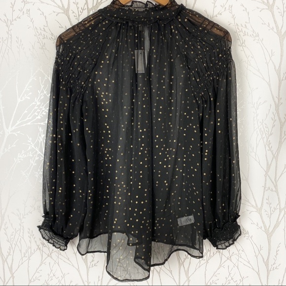 LOFT Tops - LOFT Sheer Black & Gold Dot Peasant Blouse Ruffle